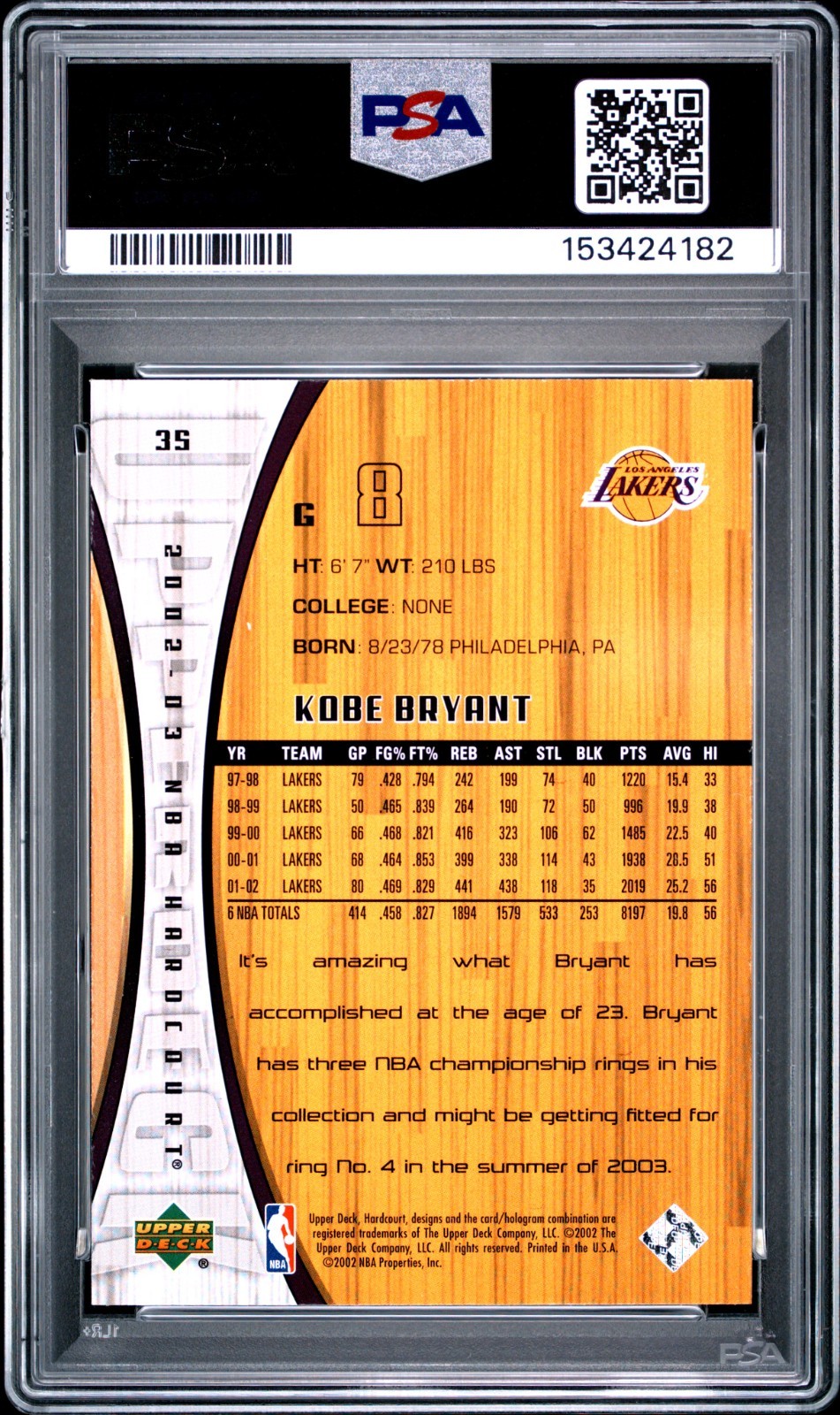 2002 UD HARDCOURT #35 KOBE BRYANT PSA MINT 9 LOW POP 22, ONLY 7 HIGHER NEW SLAB view 2