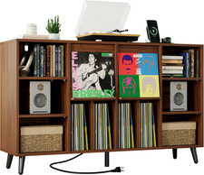 Record Player Stand with Charging Station 55" Holds 600 Albums