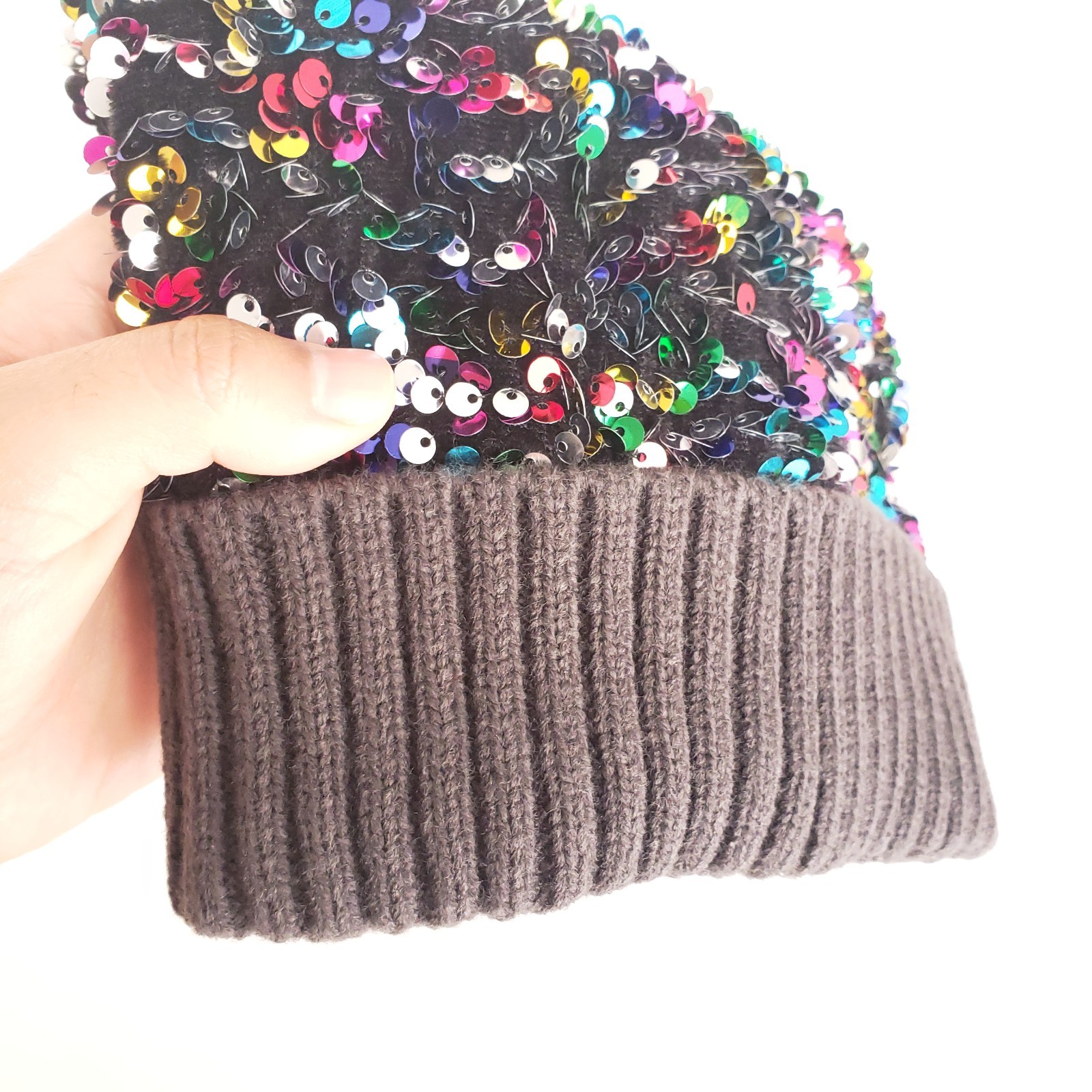 Dull Black Colorful Sequin Winter Beanie Bobble Hat
