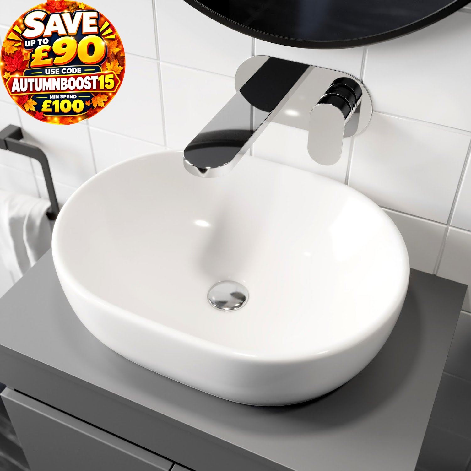 Ceramic Bathroom Vanity Wash Basin Sink Countertop Oval Modern 480 x 350mm White