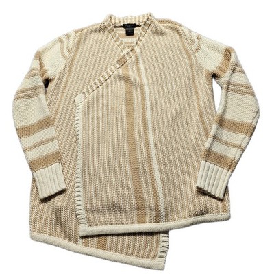Ann Taylor Wrap Cardigan Sweater Womens XS Tan White Striped Knit Open Front