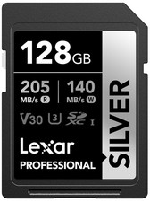128GB Professional Silver SD Card, UHS-I, C10, U3, V30, 4K, Up to 205/140 MB/...