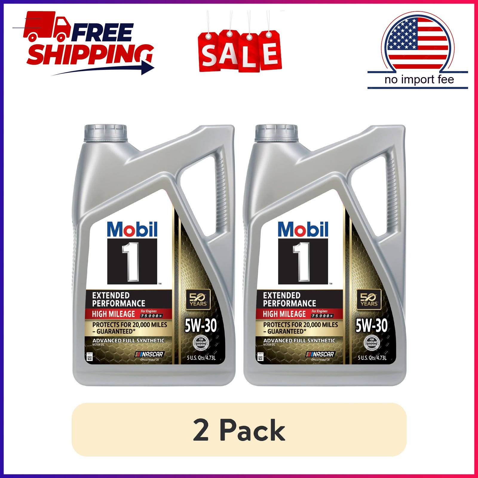 2 pack Mobil 1 Extended Performance High Mileage Full Synthetic Motor Oil 5W-30