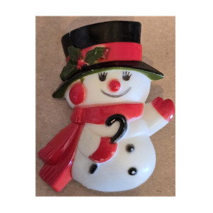 Snowman Christmas Brooch Pin White Red Black Scarf Hat Holly Plastic Metal