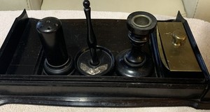 Antique Real Ebony Vanity Tray Set Silver Ring & Hat Pin Holder, Ink Roller
