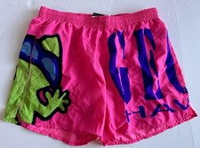 Vintage Gecko Hawaii Pink Green Purple Swim Shorts Bold Spellout Graphic Medium