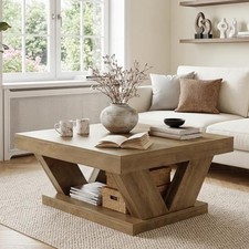Coffee Table, Farmhouse Coffee Table with Large Storage Shelf, 2 Rustic Brown