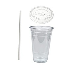 Disposable 20 oz Plastic Crystal Clear Cups with Flat Lids and Paper Straws 50