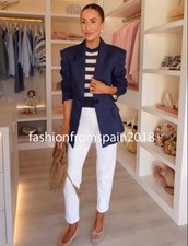 ZARA NEW WOMAN 100 HERRINGBONE LINEN FITTED BLAZER JACKET INDOGO 2633/808/405