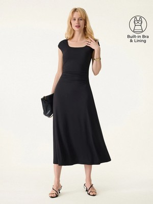 OGLmove Womens Cooling Midi Bra Dress Ruched Square Neck Stretch Casual, Black