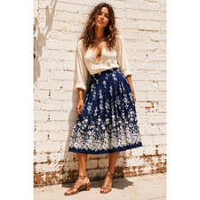Talbots Blue Cotton Botanical Floral Pleated Midi Skirt Cottagecore 18WP