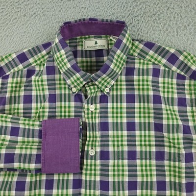 Southern Pines Shirt Mens Medium Green Purple Plaid Long Sleeve Button Front