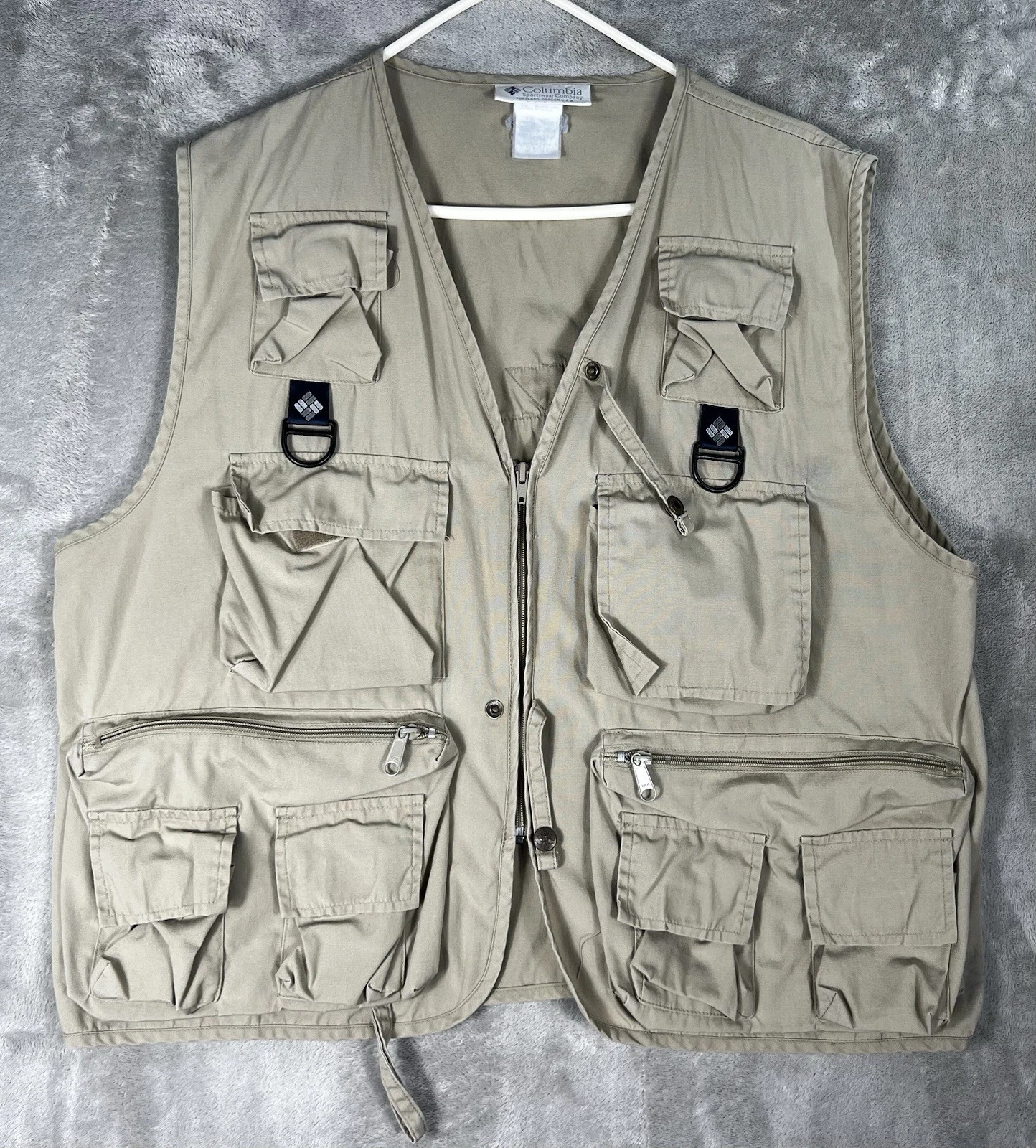 Columbia PFG Vest Men L / XL Beige Poly Cotton Utility Fishing Hunting Full Zip