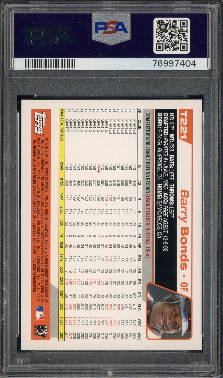 2004 Topps Traded #T221 Barry Bonds San Francisco Giants PSA 10 GEM MINT view 2