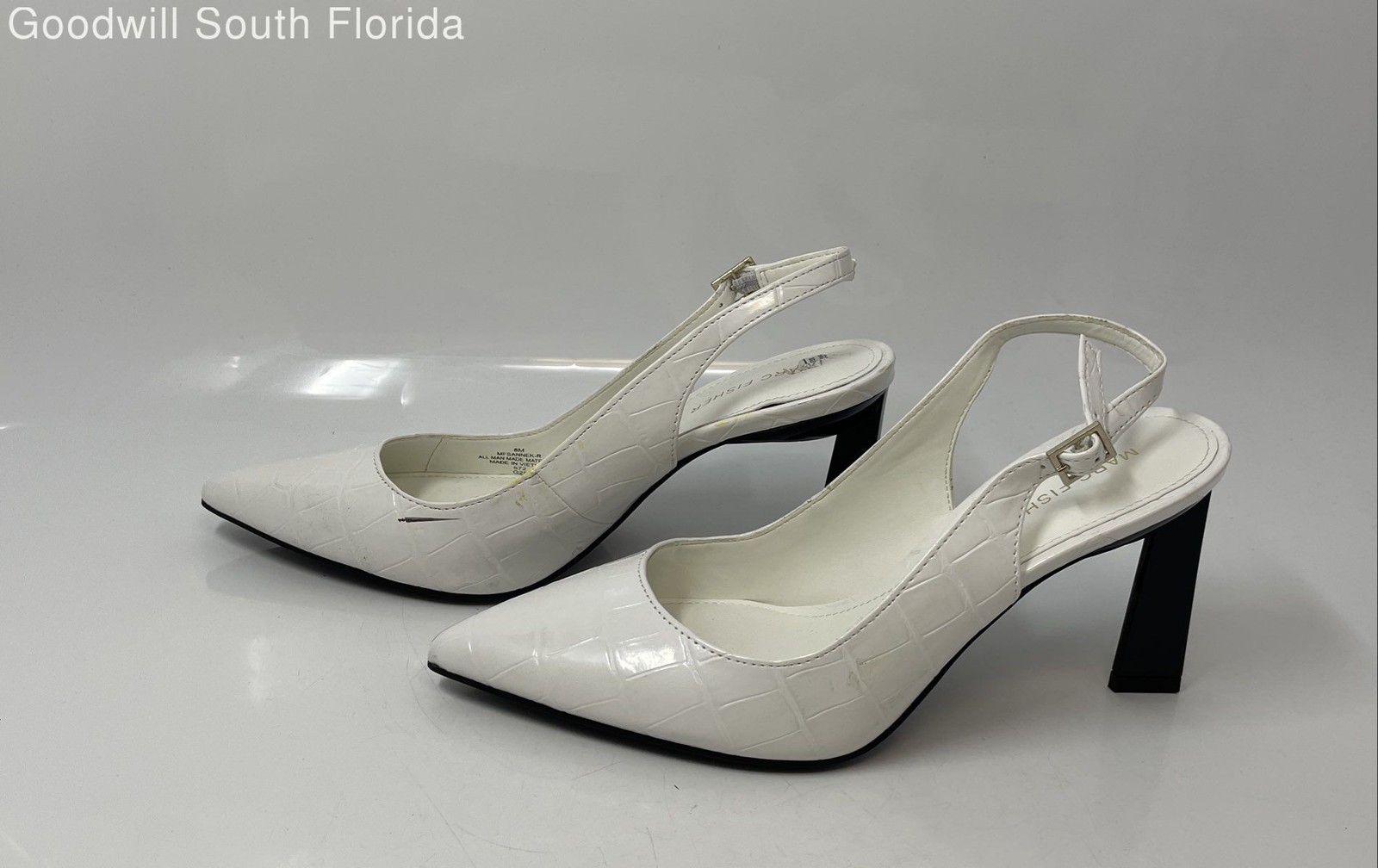 Marc Fisher Womens White Croc-Embossed Pointed Toe Block Slingback Heels Size 8M