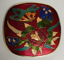 Vintage Enamel Cloisonne Butterfly And Roses Gold Tone Over Brass Belt Buckle
