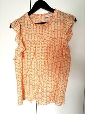 Orange & White Frill Sleeve Blouse UK 12 Lightweight Summer Top Boho Style New