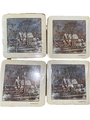 NEW Vintage Cottagecore Coasters Winter Themed Avon 1978 Lot Of 4 