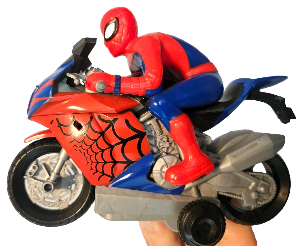 Marvel Spiderman en motocicleta Action Hero Diecast no funciona red fundida 8" de largo Foto 2 de 4
