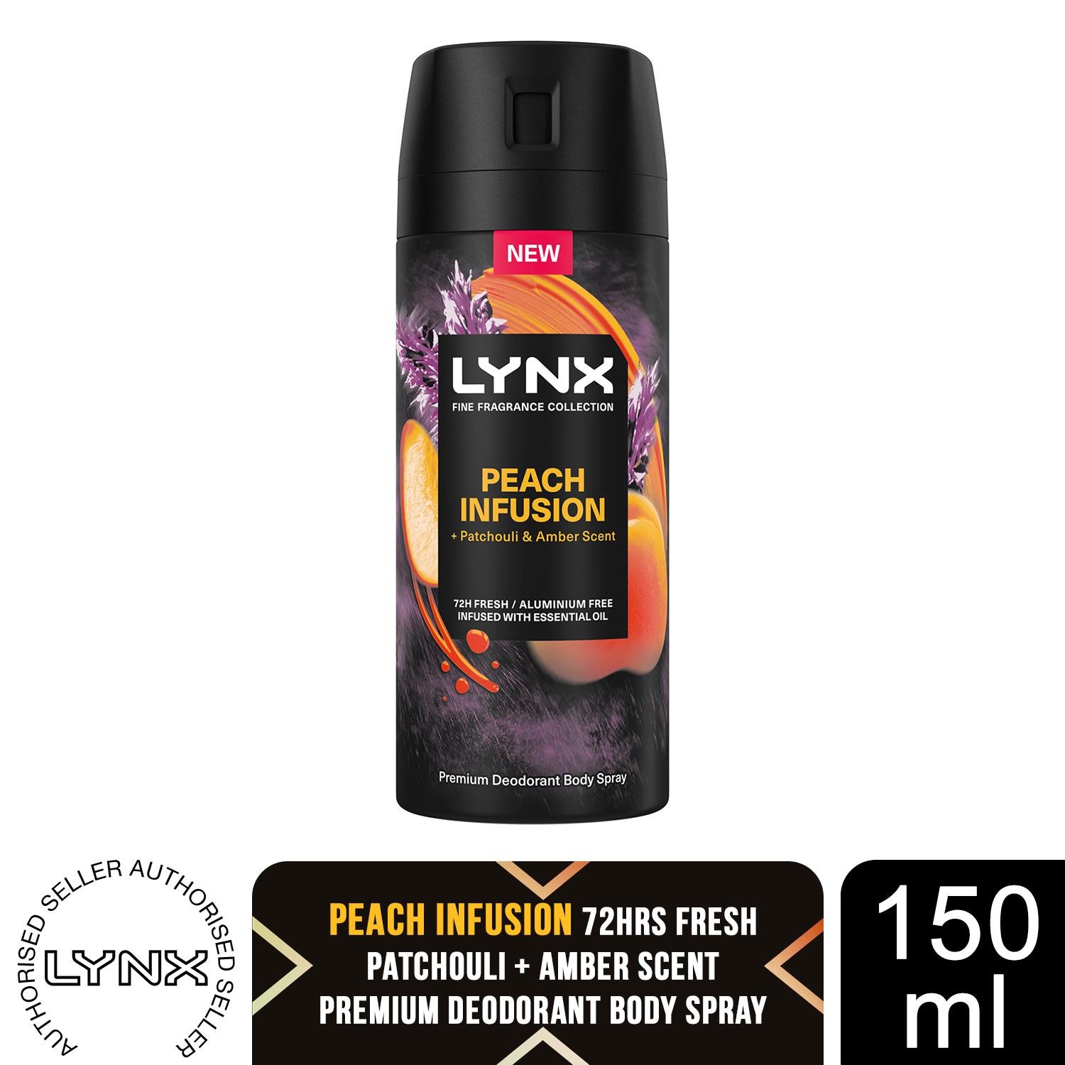 Lynx Fine Fragrance Peach Infusion Body Spray 150ml Mens Deodorant 72H Freshness