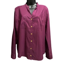 Style & Co. Stretch Fushia Satin Button Up Blouse Gold Buttons - Medium