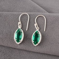 Marquise Genuine Green Emerald 925 Sterling Silver Engagement Dangling Earrings
