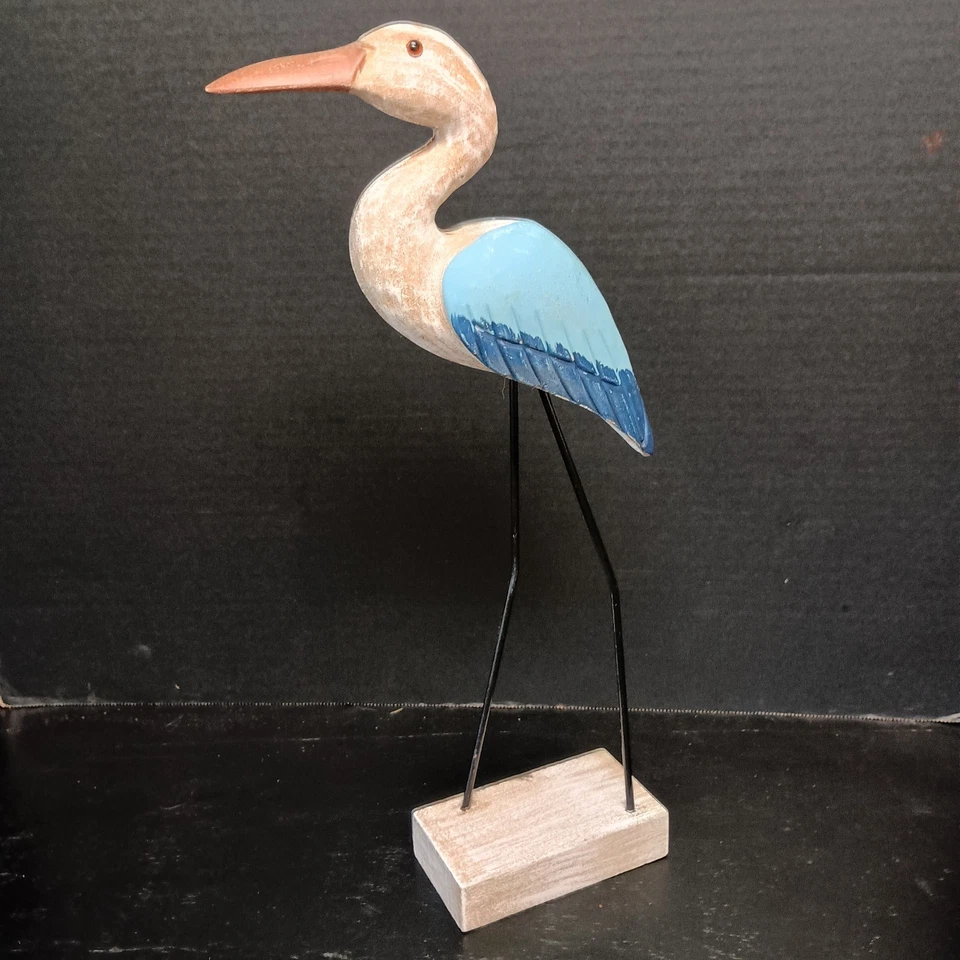 Estatua de pájaro garza azul de madera tallada a mano de 16 pulgadas decoración costera para el hogar escultura arte Foto 3 de 4