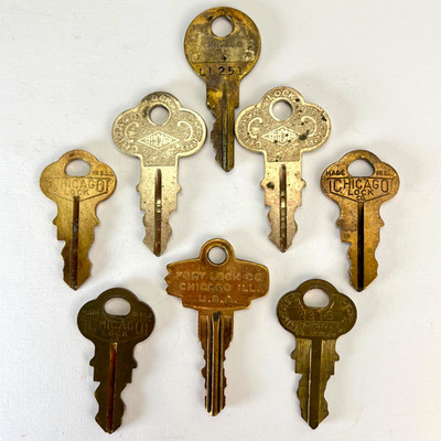 Vintage Chicago Lock Co Brass Keys Lot of 8 Chicago Illinois USA 1920s 50s