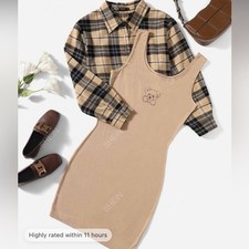 SHEIN Plus Plaid Blouse & Bear Print Bodycon Dress