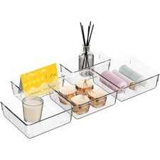 Clear Plastic Drawer Organizer Set of 5, 2 Sizes Acrylic Storage Trays Non Slip