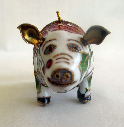 Cloisonne Emaille Schwein Ornament Figur rot, grün & weiß Vintage - Bild 2 von 5