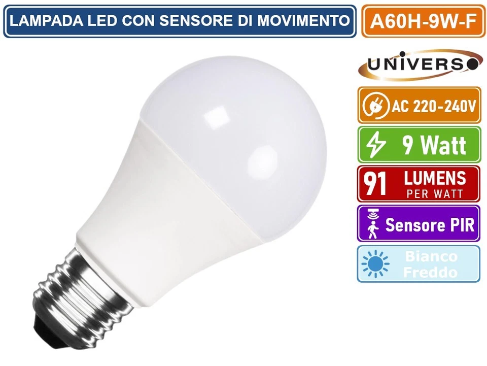 LAMPADINA LED E27 9W BULB A60 CON SENSORE DI MOVIMENTO BIANCO FREDDO 6500K - Immagine 3 di 3