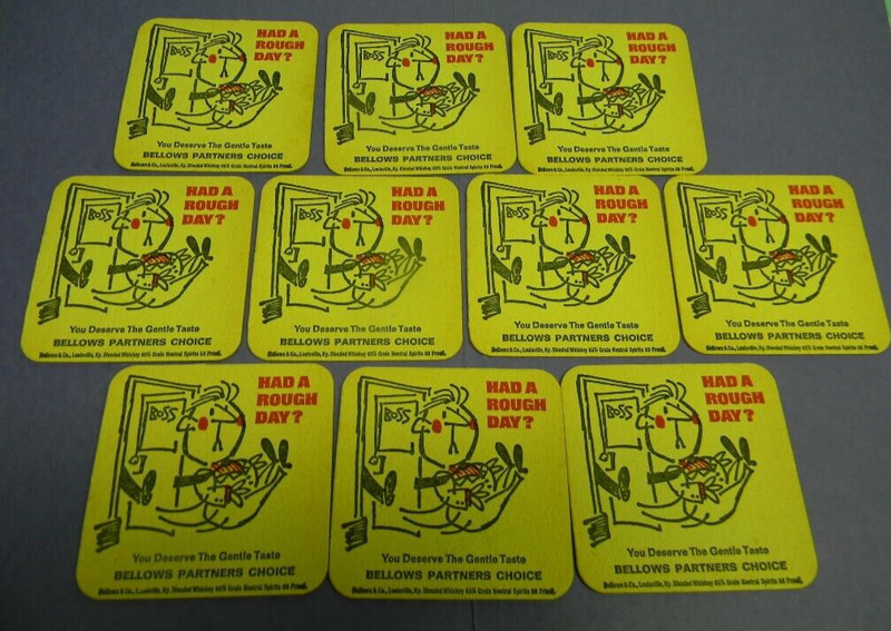 VINTAGE BELLOWS WHISKEY LOUISVILLE KENTUCKY HAD ROUGH DAY BOSS FIRED COASTERS