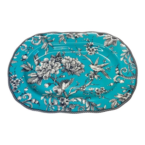 222 Fifth Adelaide Turquoise Blue Oval Serving Platter Toile Spring