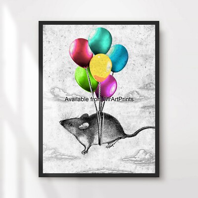 Cute Mouse Floating Balloons Sky Art Print Poster Picture Decor Fun Illustration