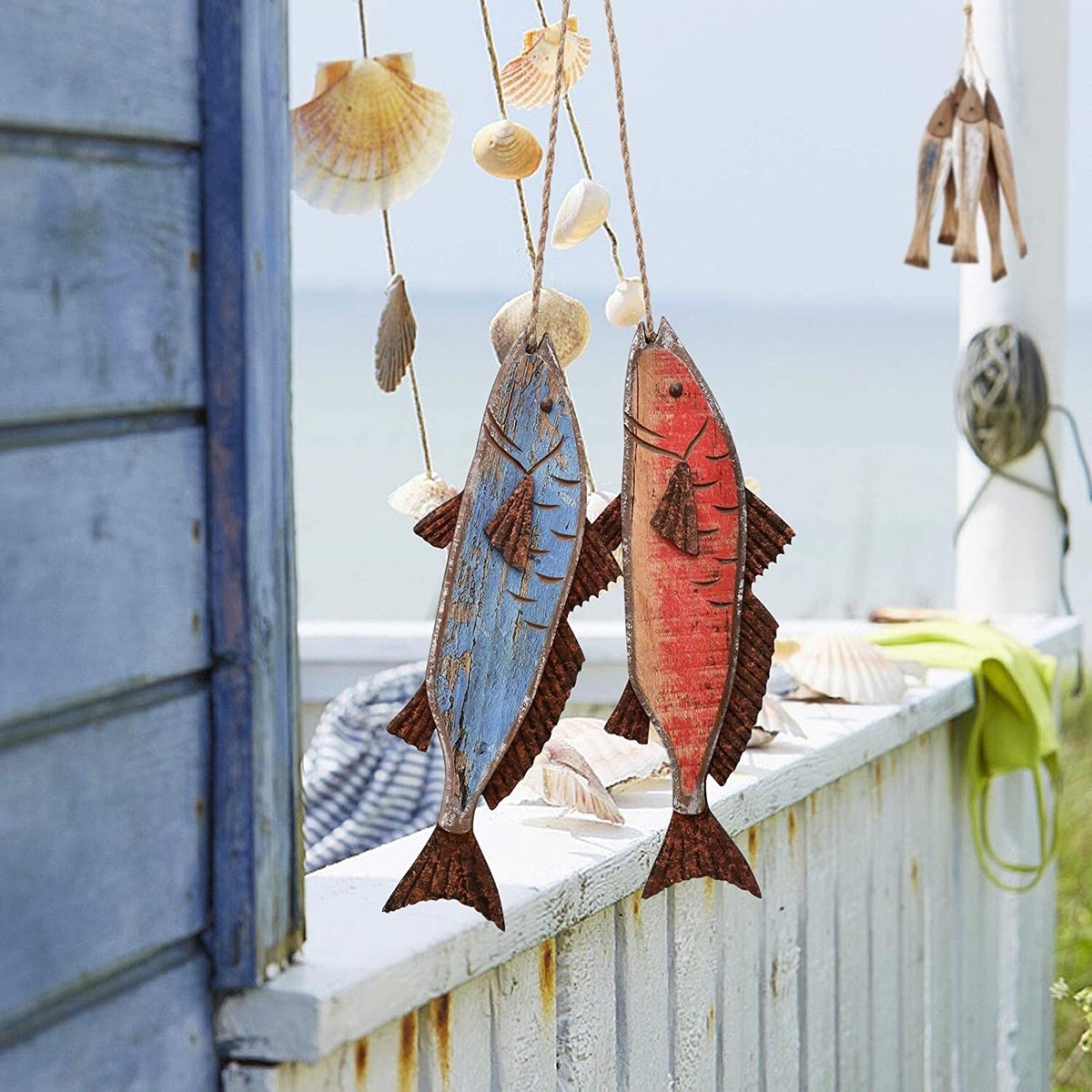 CVHOMEDECO Hand Carved Wood Fish Wall Hanging - 8 Piece Set With Jute Rope, Nautical Mediterranean Decor - View #12