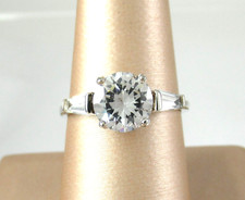 .925 Sterling Silver CZ Engagement Ring 3 Stone Round w/ Tapered Baguettes