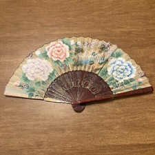 Vintage Wooden Canvas Hand Fans Fold Up 1930-1940s Japan Brown Floral - RARE