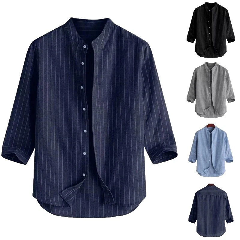 3/4 Sleeve Regular Fit Striped Casual Button-Down Shirts for Men