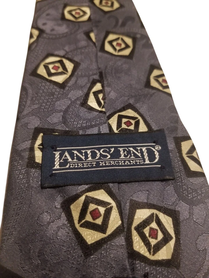 Lands End Mens 100% Silk Geometric Pattern Necktie In Gray With Gold & Red Accen - Image 2 of 4