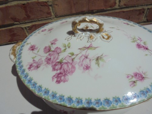 Antique Haviland Limoges Cov Casserole Bowl Lg Pink Roses Blue Flower Border - Picture 3 of 12