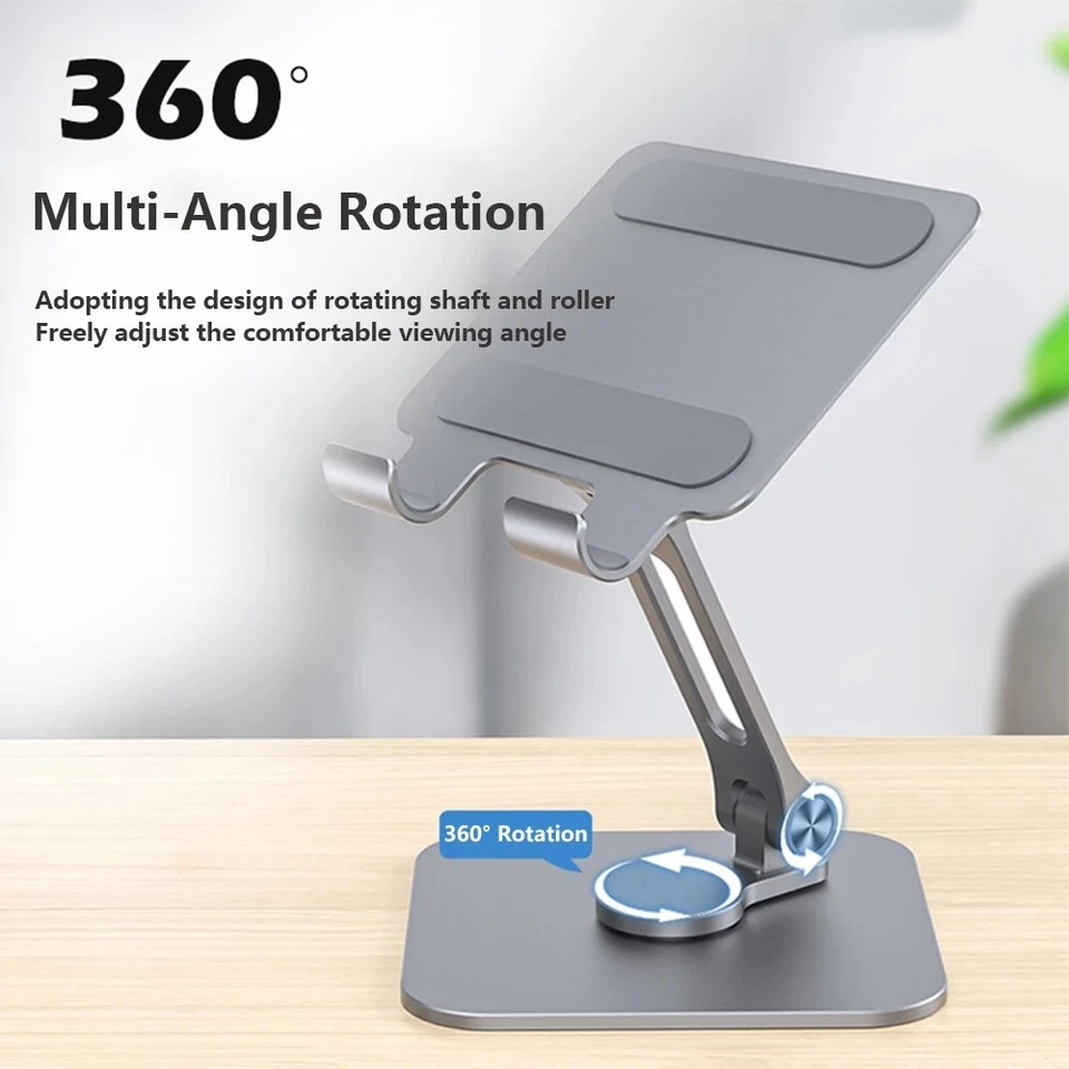 Metal Tablet Phone Stand 360° Rotating Foldable Desk Holder For iPad Pro iPhone - Image 2 of 4