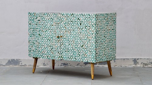 Bone Inlay 2 Door Cabinet - Dyed Green Floral - Picture 10 of 17