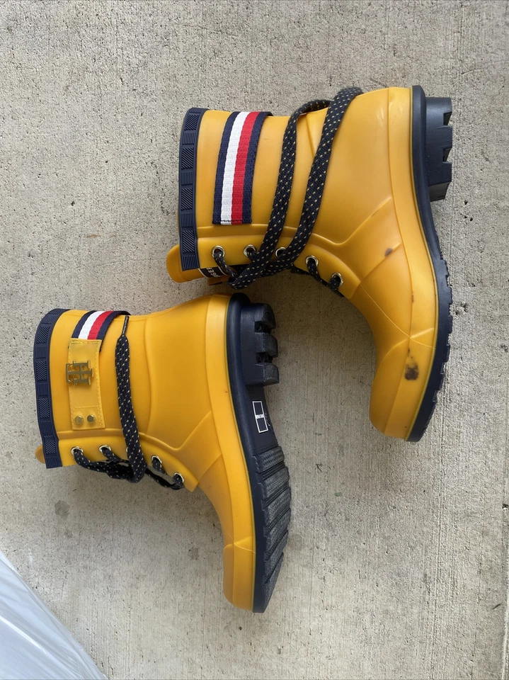 Tommy Hilfiger Amarillo Goma Con Cordones Media Pantorrilla Pato Bota de Lluvia Zapatos para Mujer 6 Foto 3 de 4