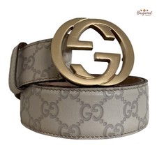Authentic Gucci Cream Guccissima Leather Gold Interlocking G Buckle Belt 85/34