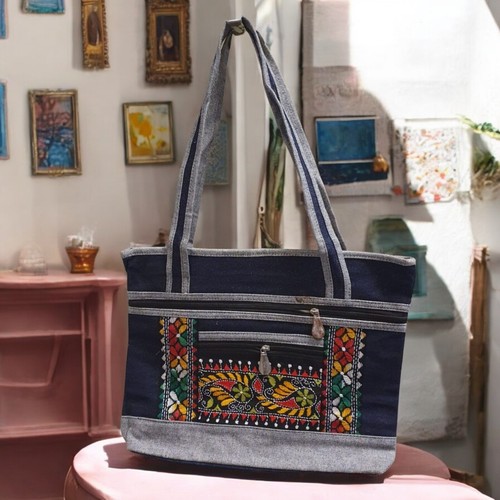 Women's Embroidered Denim Shoulder Bag Stylish Handbag for Shopping Travel - Picture 7 of 10