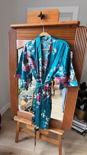 BABEYOND 100% Satin Teal Pink Peacock Classic Kimono Caftan OS Robe