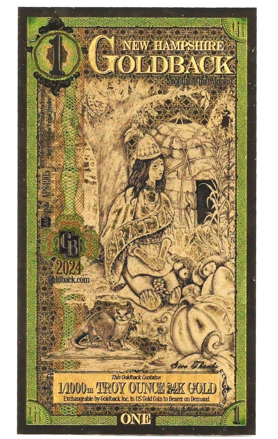 1-2024 New Hampshire 1 Goldbacks Aurum Gold Foil Note 1/1000 oz 24KT Serial #.
