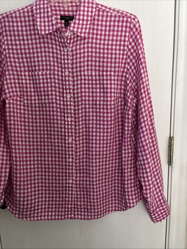 Talbots 100% Linen Button Up Shirt Size Medium Pink/White Gingham Beach EUC - Picture 3 of 11