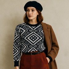 Vintage 80s 90s Gitano Sweater L Italy Black White Geometric Knit Retro Limited